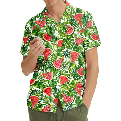 Lifestyle view of adults wearing the matching family hawaiian shirts with watermelon trees
