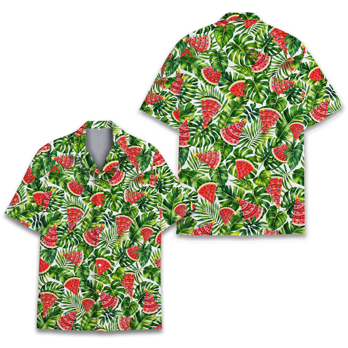 Detail view showing the button-down front of the tropical hawaiian shirt