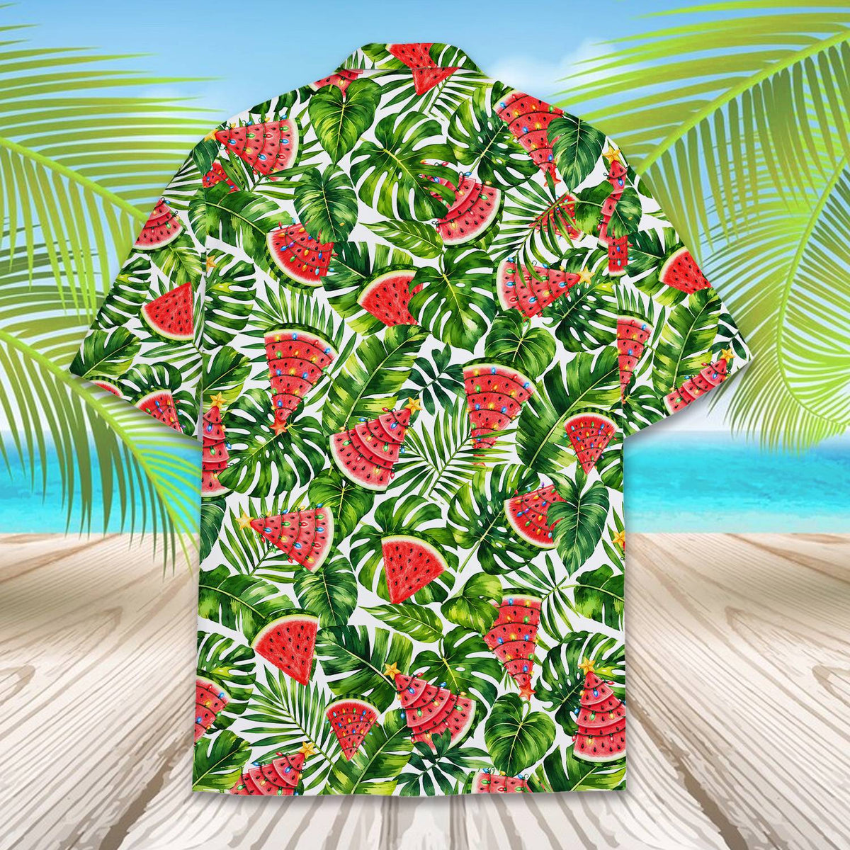 Close-up view of the polyester fabric and printed watermelon slice Christmas trees