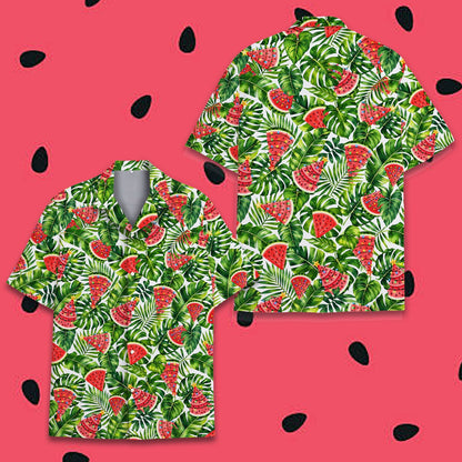 Alternative front view of the christmas tropical watermelon hawaiian shirt laid flat