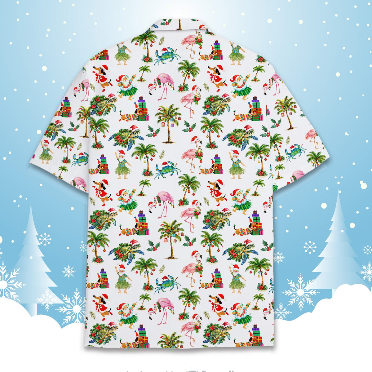 Matching family hawaiian shirts with a tropical christmas print on a white background, additional back view 2
