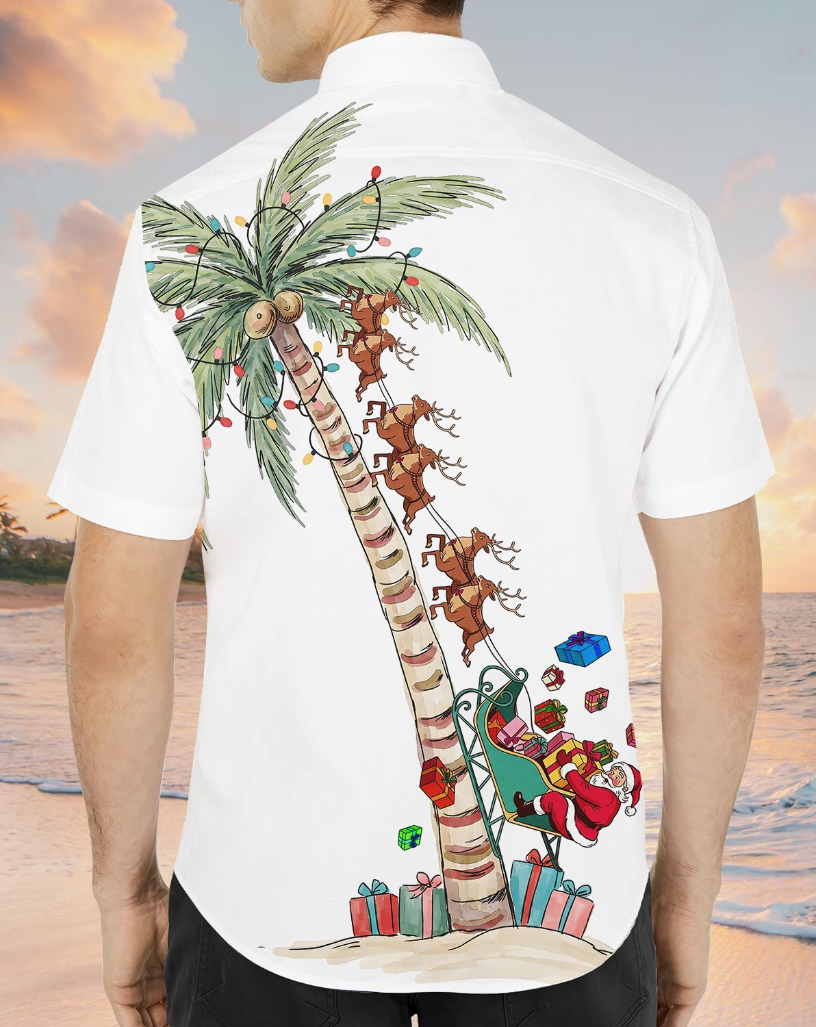 Close-up of the back design featuring the festive palm tree and reindeer