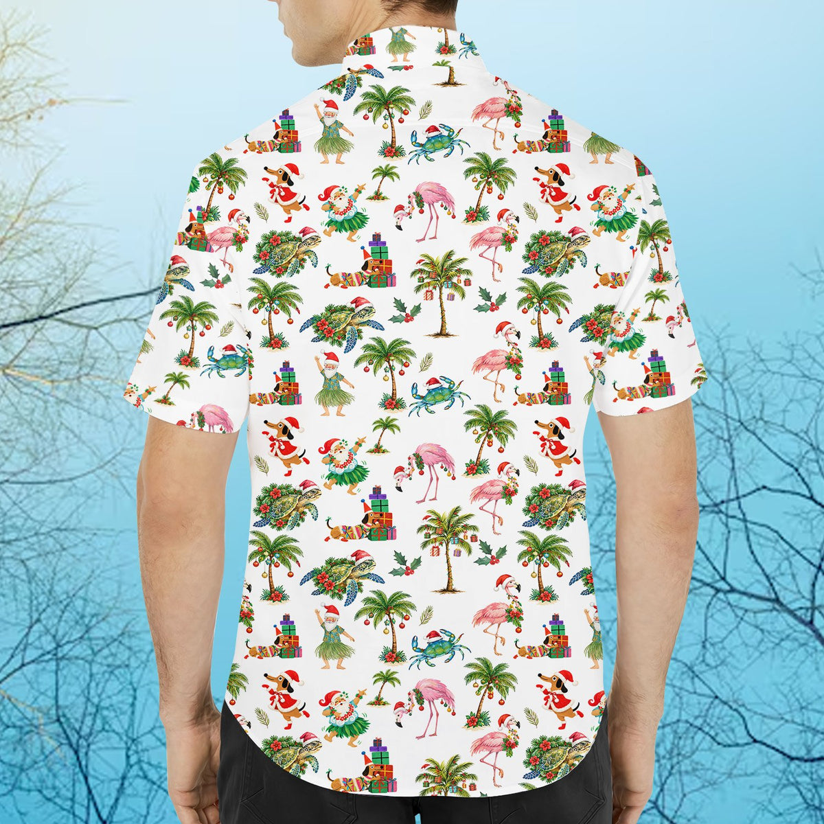 Matching family hawaiian shirts with a tropical christmas print on a white background, back view