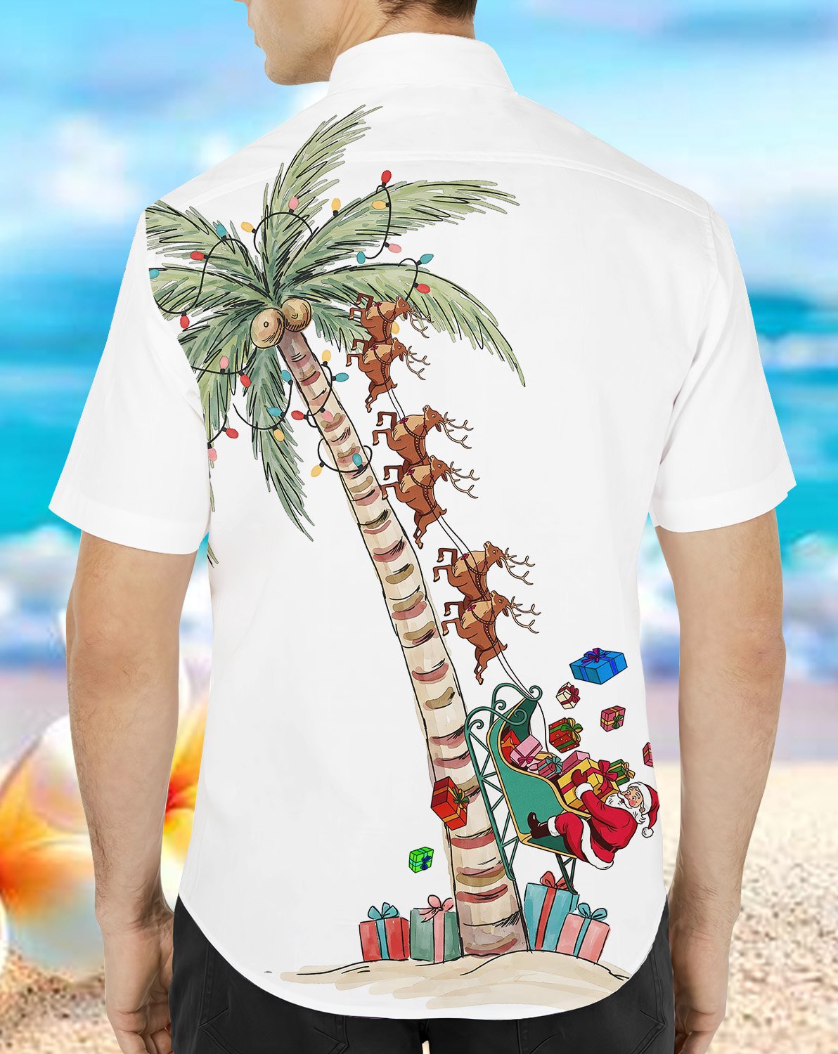 Back view of the white tropical hawaiian shirt with the large Christmas palm tree design