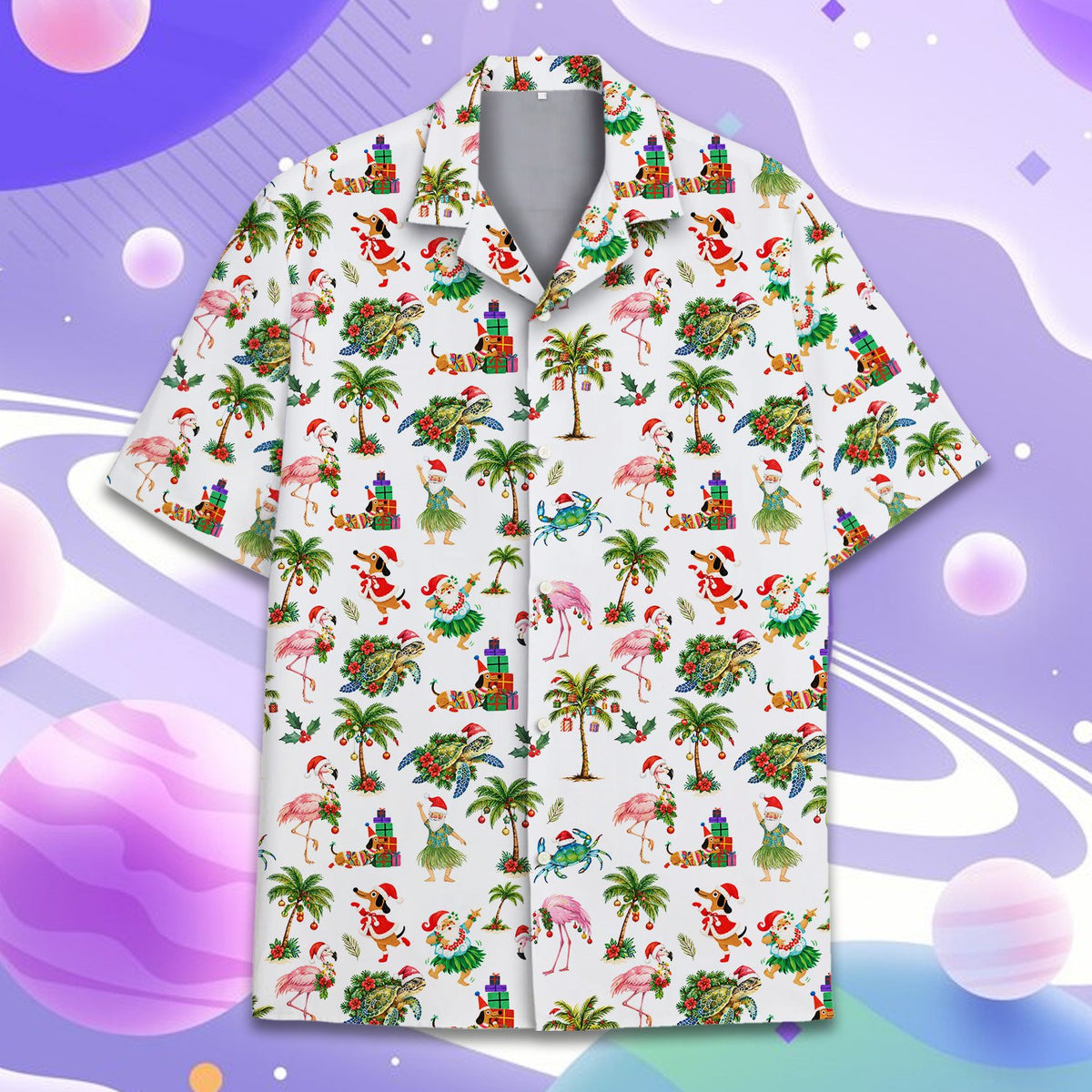 Matching family hawaiian shirts with a tropical christmas print on a white background, additional front view 2