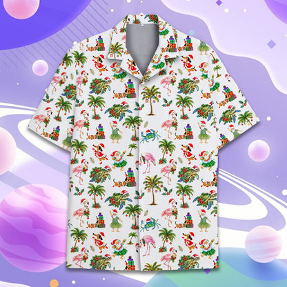 Matching family hawaiian shirts with a tropical christmas print on a white background, additional front view 2