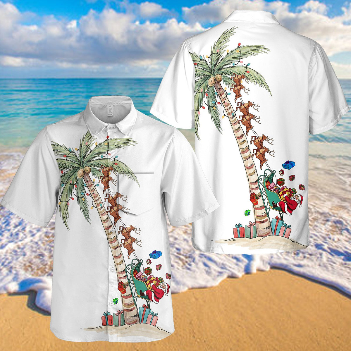 Detailed front view showing the button-down style and holiday palm tree