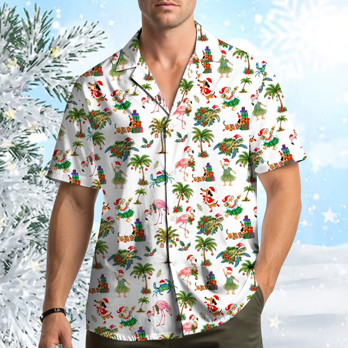 Matching family hawaiian shirts with a tropical christmas print on a white background, additional front view 3