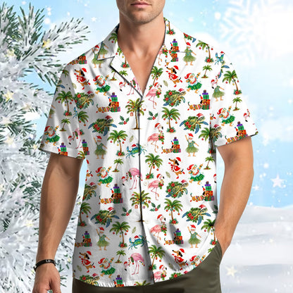 Matching family hawaiian shirts with a tropical christmas print on a white background, additional front view 3