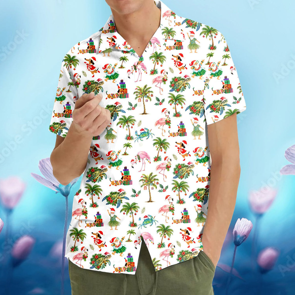Matching family hawaiian shirts with a tropical christmas print on a white background, additional front view 4