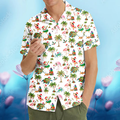Matching family hawaiian shirts with a tropical christmas print on a white background, additional front view 4