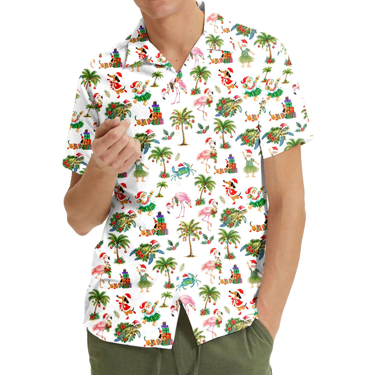 Matching family hawaiian shirts with a tropical christmas print on a white background, additional front view 5