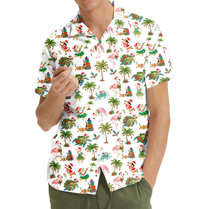 Matching family hawaiian shirts with a tropical christmas print on a white background, additional front view 5