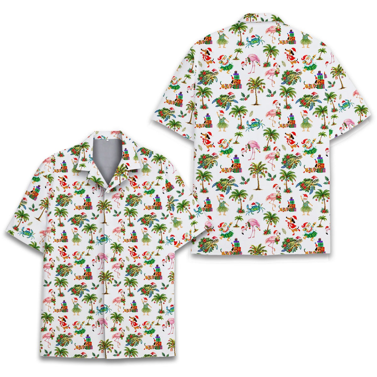 Matching family hawaiian shirts with a tropical christmas print on a white background, additional front view 7