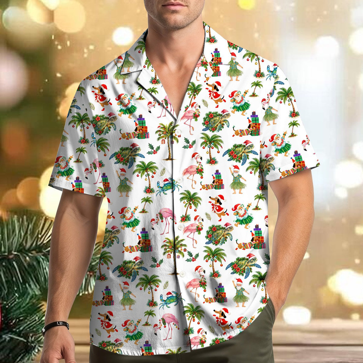 Matching family hawaiian shirts with a tropical christmas print on a white background, main view