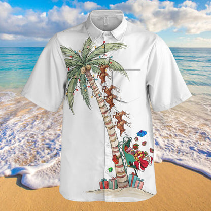 Front view of the white tropical hawaiian shirt with festive palm tree design