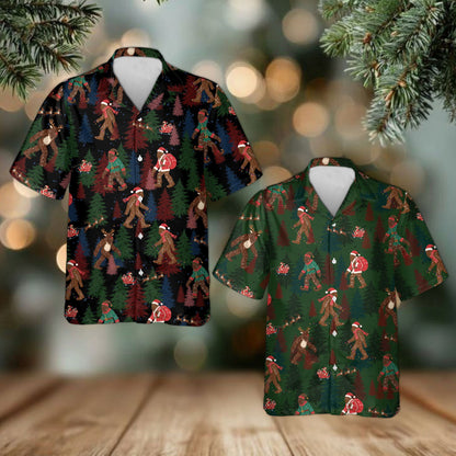 Detailed view of the christmas bigfoot pattern on the hawaiian shirt