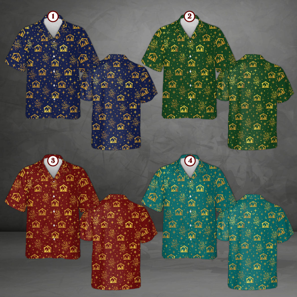 Display of the matching family hawaiian shirts in multiple colorways for the holidays