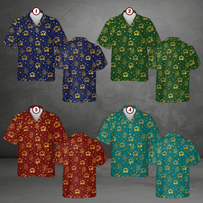 Display of the matching family hawaiian shirts in multiple colorways for the holidays