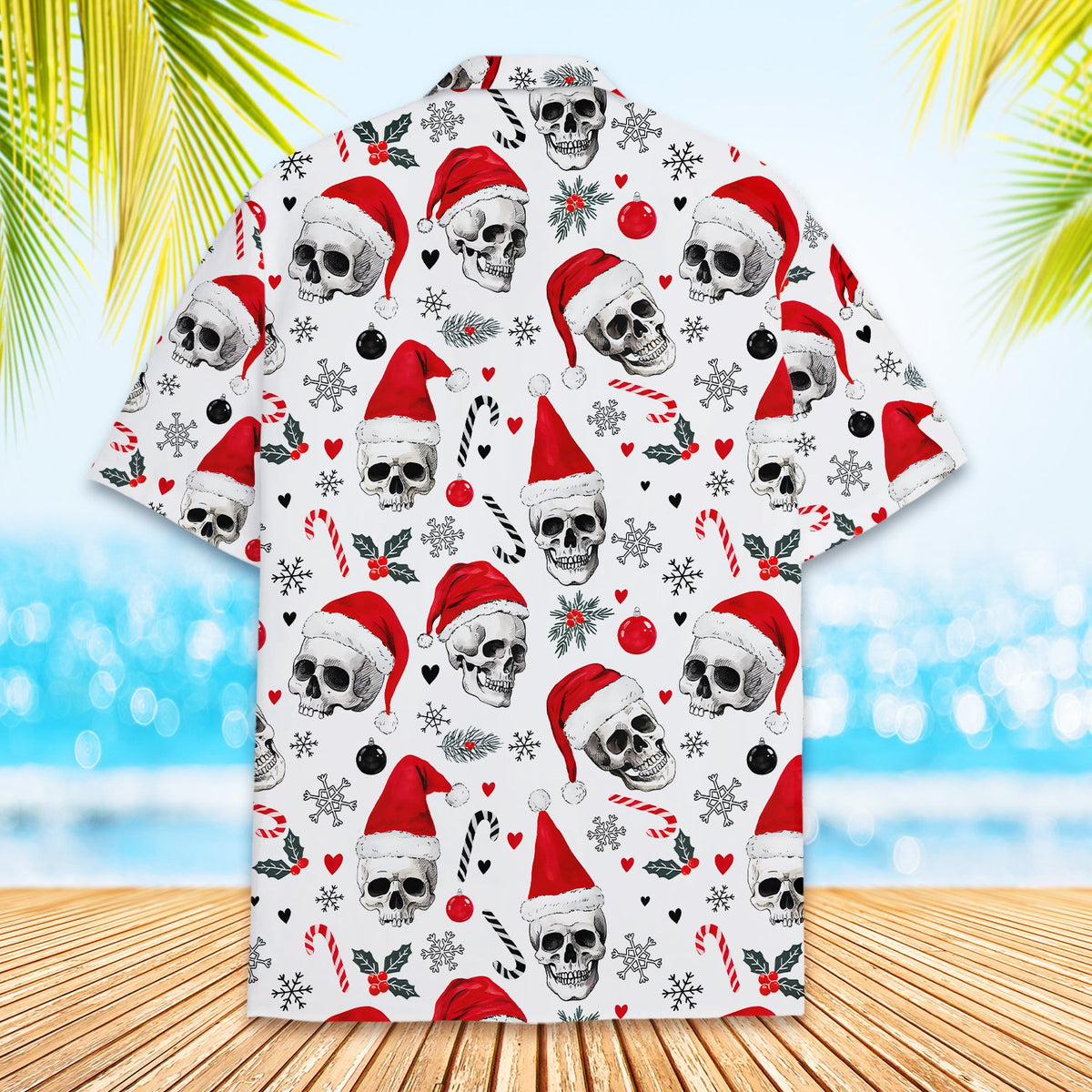 Detailed back view of the festive hawaiian shirt