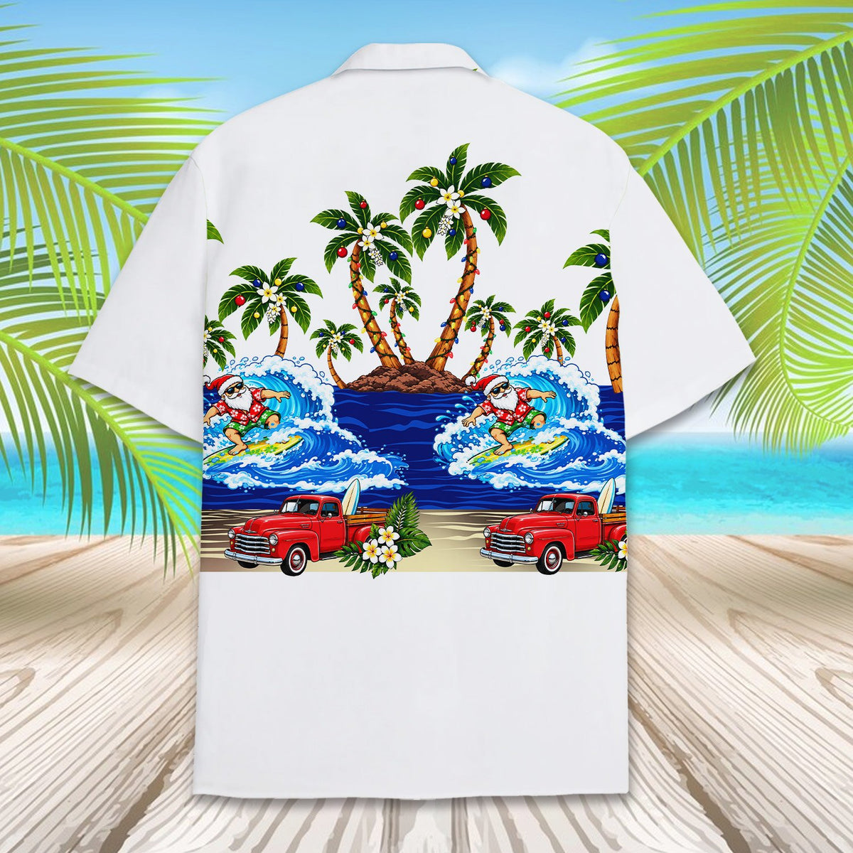 Alternate back view of the hawaiian shirt showing the surfing Santa print