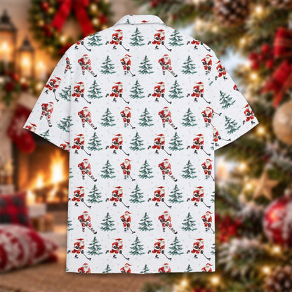 Detailed back view of the festive holiday hawaiian shirt
