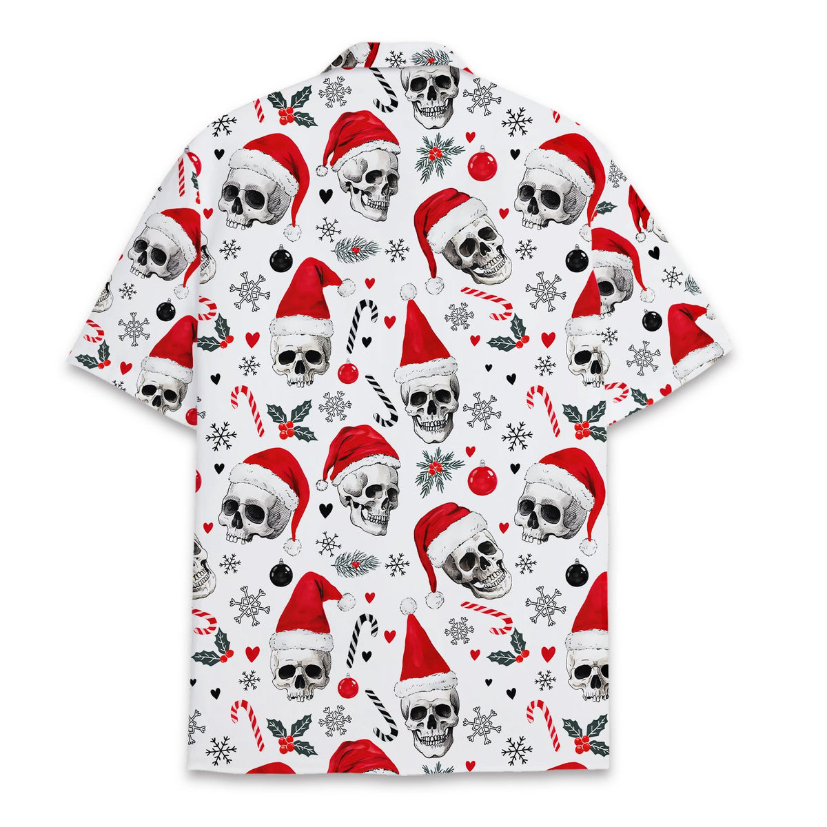 Back view of the christmas hawaiian shirt with skull and snowflake pattern