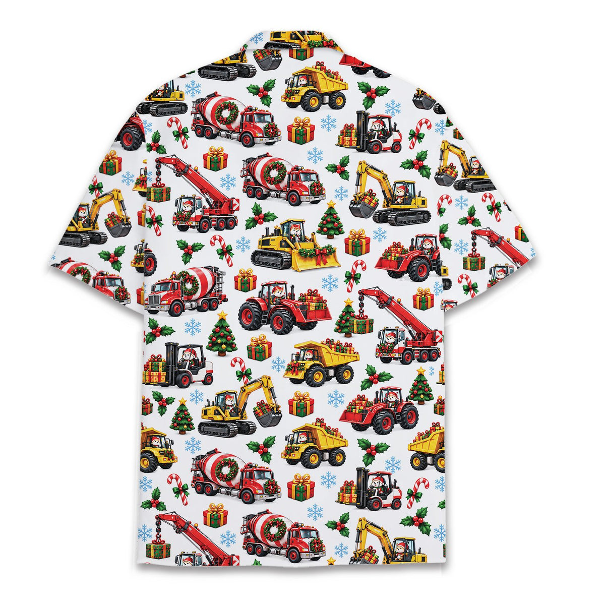 Back view of the christmas hawaiian shirt with holiday construction pattern