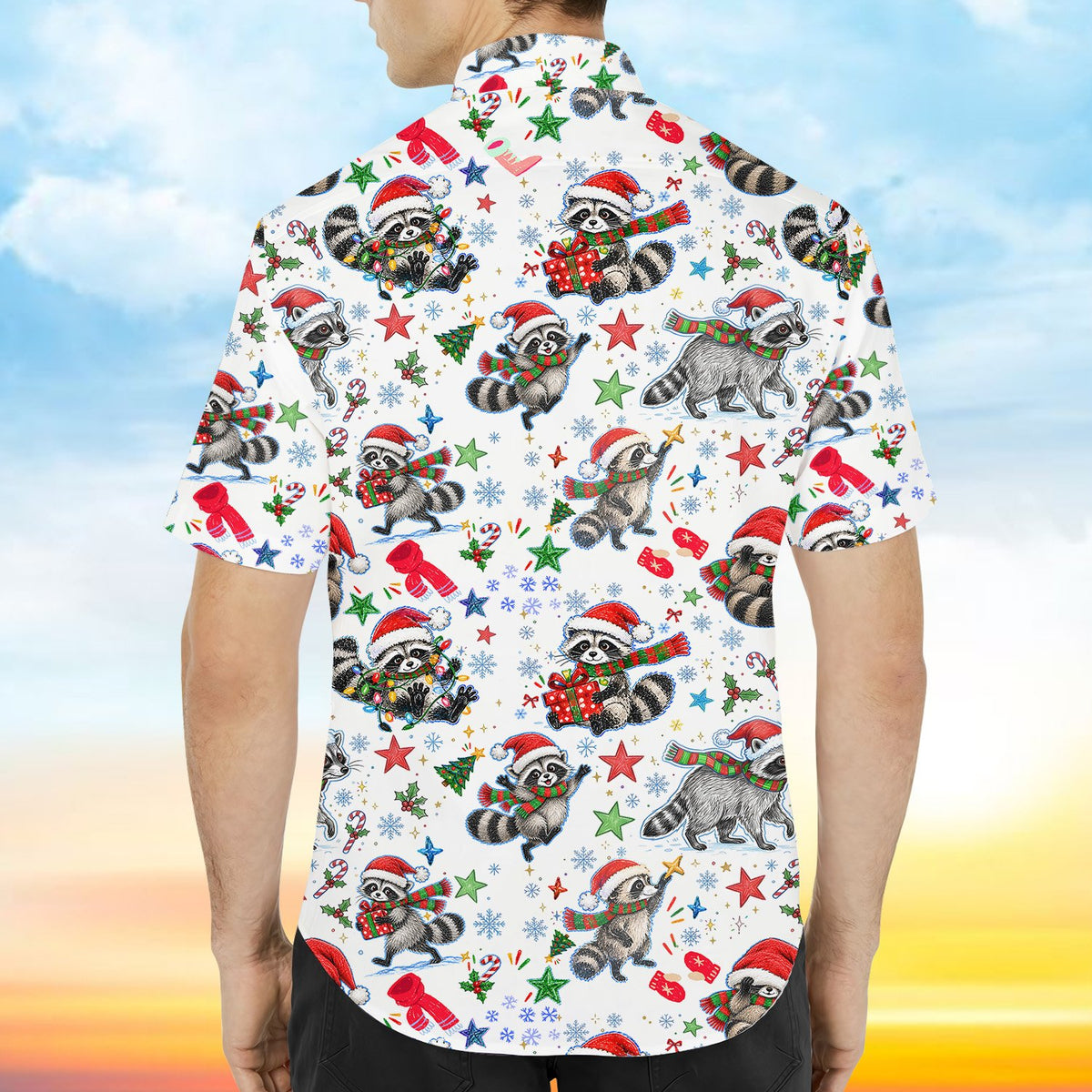 Back view of the white christmas raccoon hawaiian shirt.