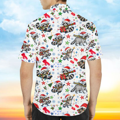 Back view of the white christmas raccoon hawaiian shirt.