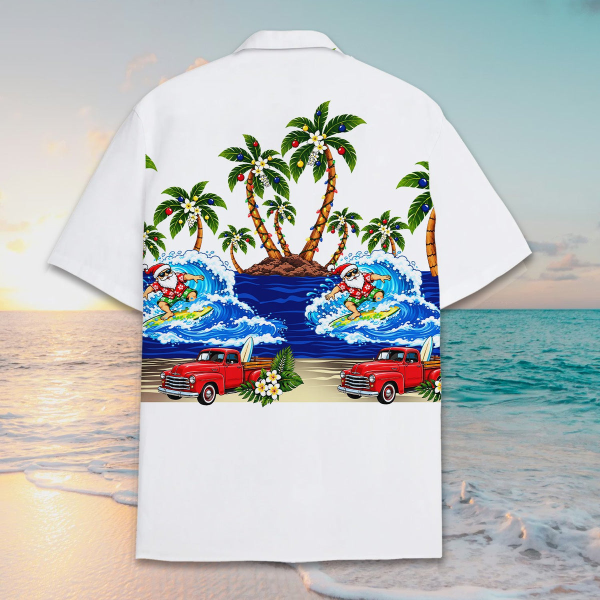 Back view of the white christmas hawaiian shirt displaying the continuous tropical holiday scene