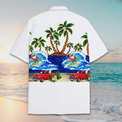 Back view of the white christmas hawaiian shirt displaying the continuous tropical holiday scene