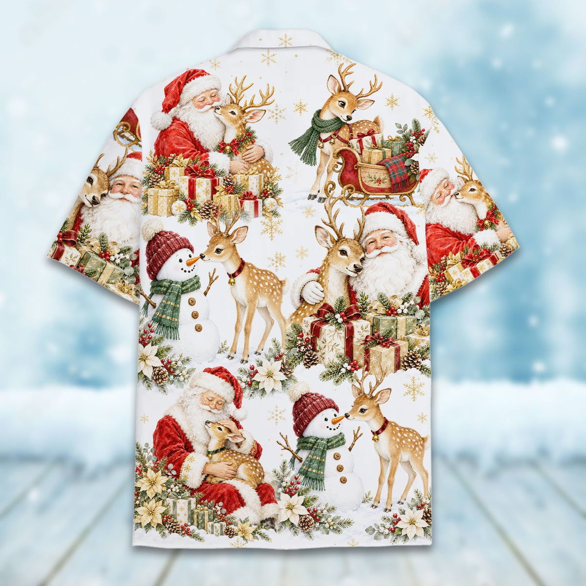 Back view of white christmas hawaiian shirt with gold snowflakes