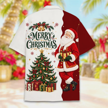 Back view of the matching family hawaiian shirt showing the continuous white holiday pattern