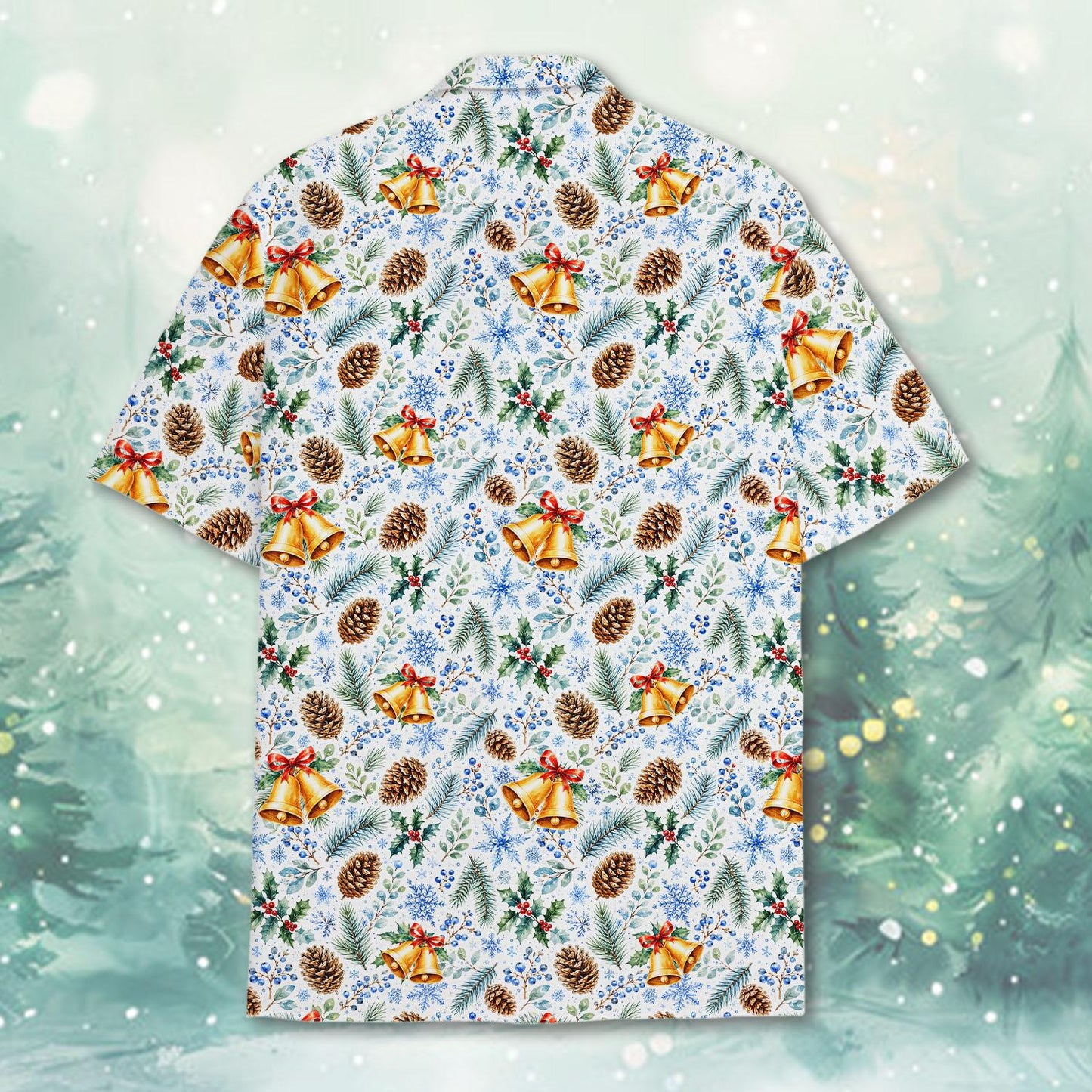 Back view of the matching family hawaiian shirt with bells and snowflakes.