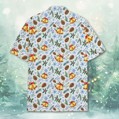 Back view of the matching family hawaiian shirt with bells and snowflakes.