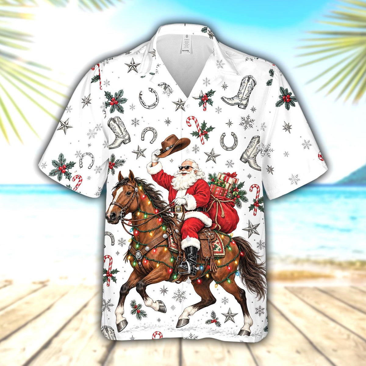 White Christmas hawaiian shirt featuring cowboy Santa riding a horse, main view