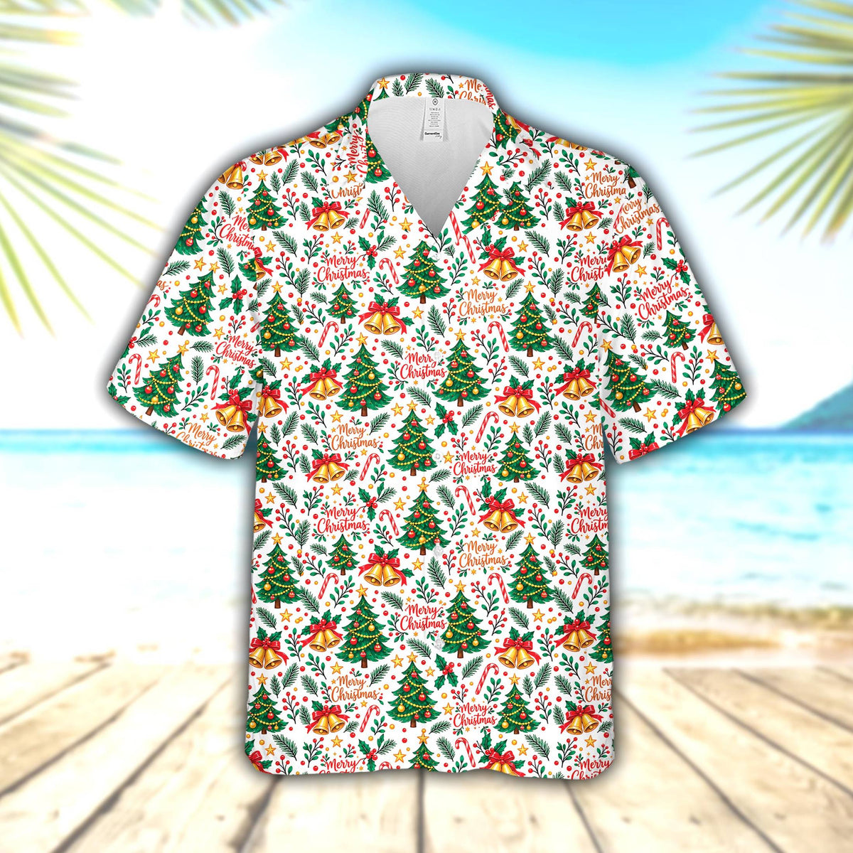 Front view of the white christmas hawaiian shirt featuring green trees, gold bells, and candy canes