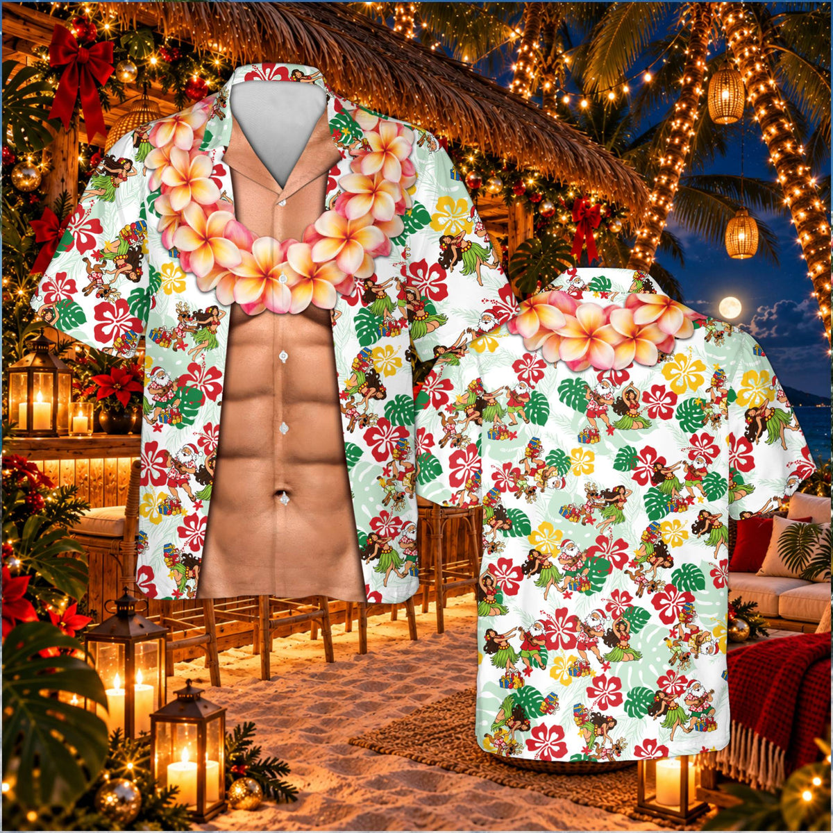White christmas hawaiian shirt with funny faux abs and belly design, front view