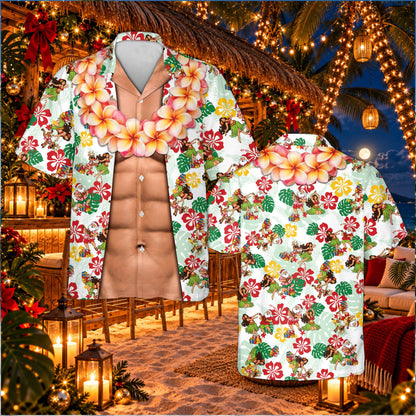 White christmas hawaiian shirt with funny faux abs and belly design, front view