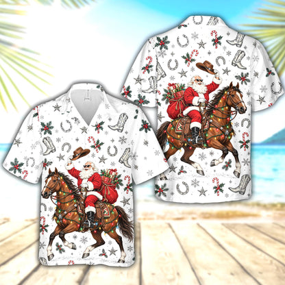 Matching family hawaiian shirts in white with cowboy Santa design, front detail view