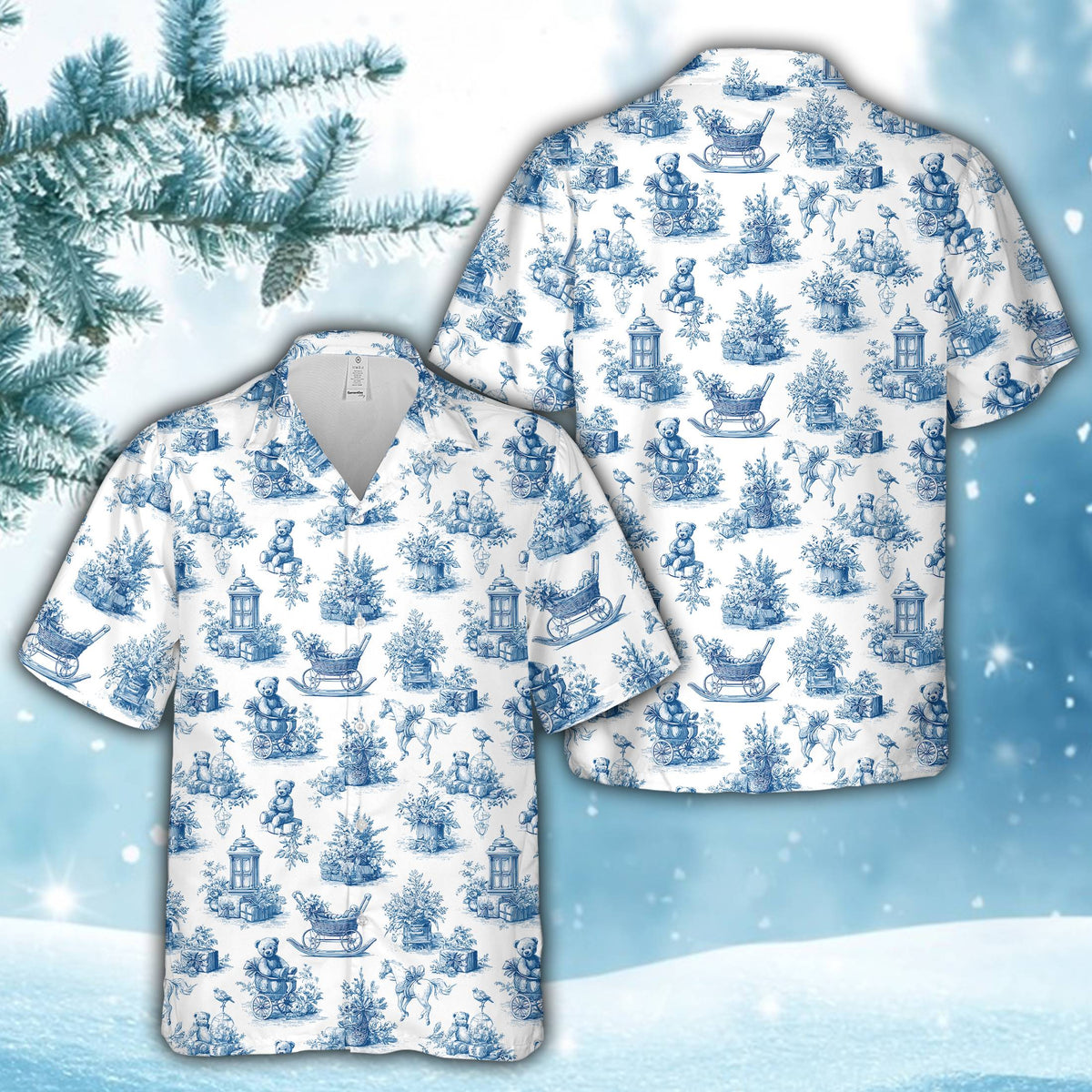 Another front view of the matching family hawaiian shirt with winter scenes and pine trees