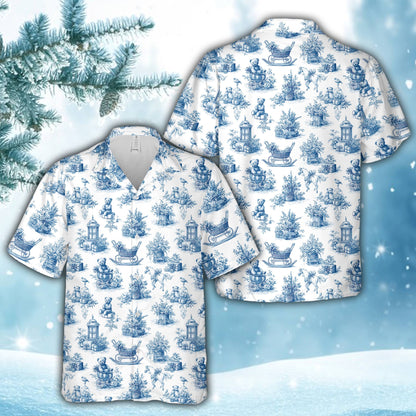 Another front view of the matching family hawaiian shirt with winter scenes and pine trees