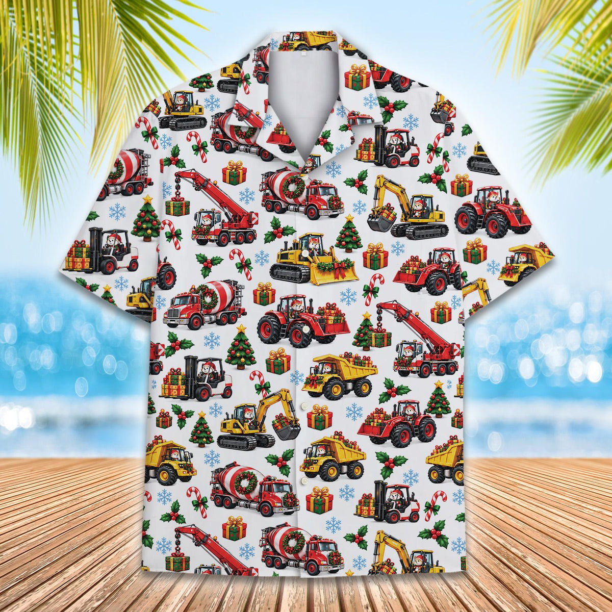 Detailed front view of the holiday construction vehicle pattern on the hawaiian shirt