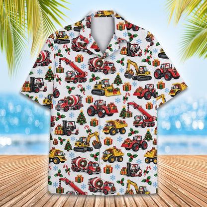 Detailed front view of the holiday construction vehicle pattern on the hawaiian shirt