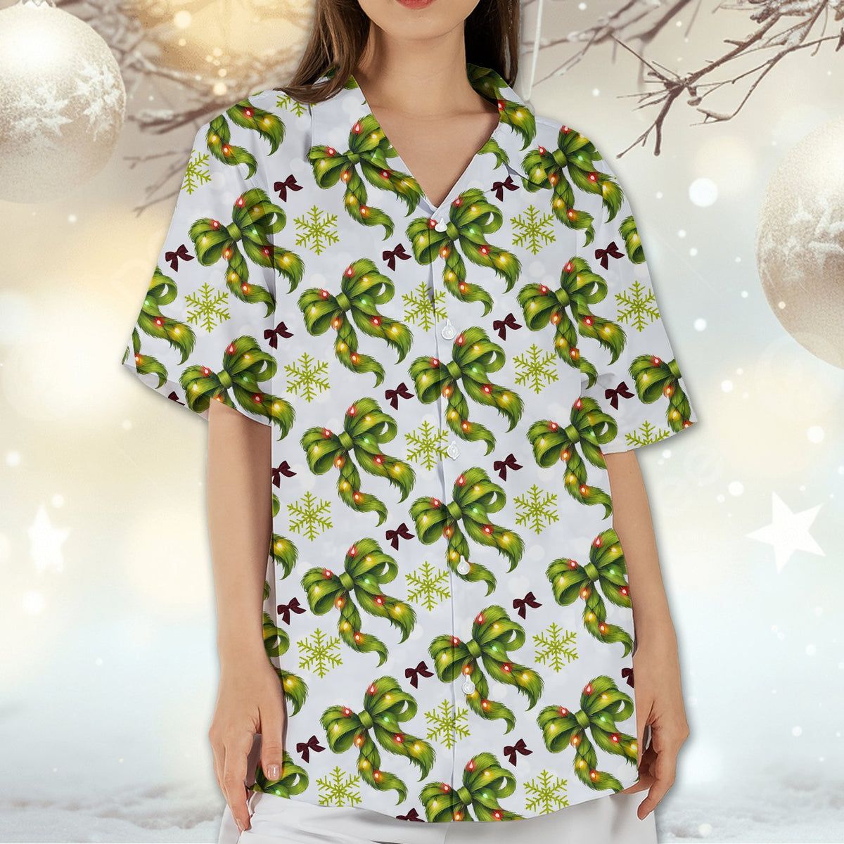 Front view of the white holiday matching family hawaiian shirt