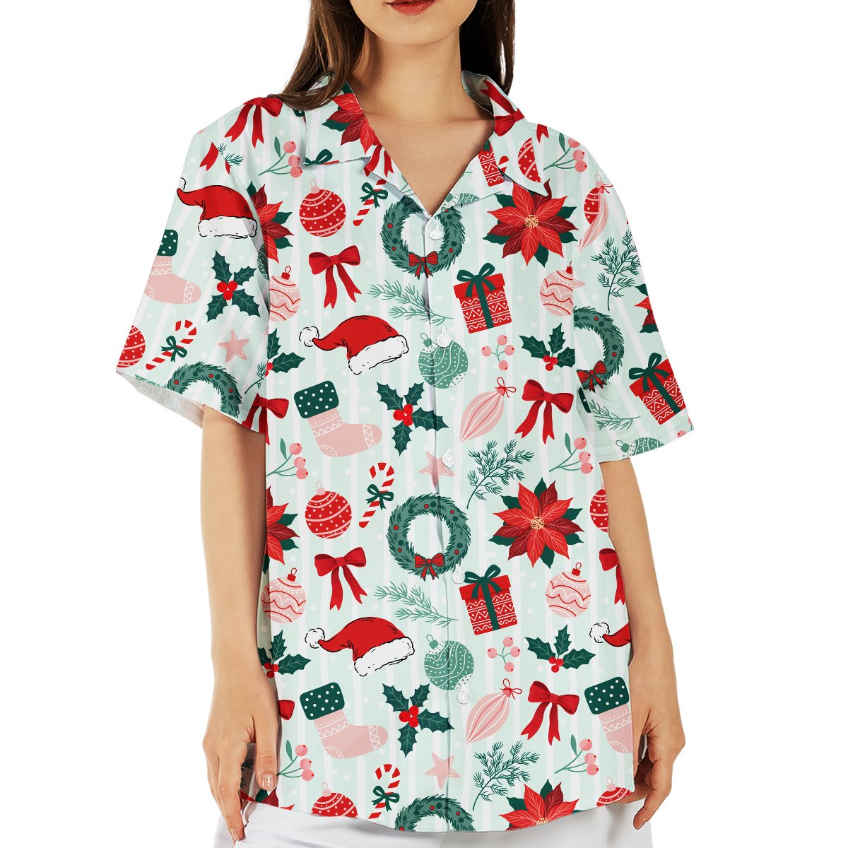 Another front view of the white and mint green christmas hawaiian shirt