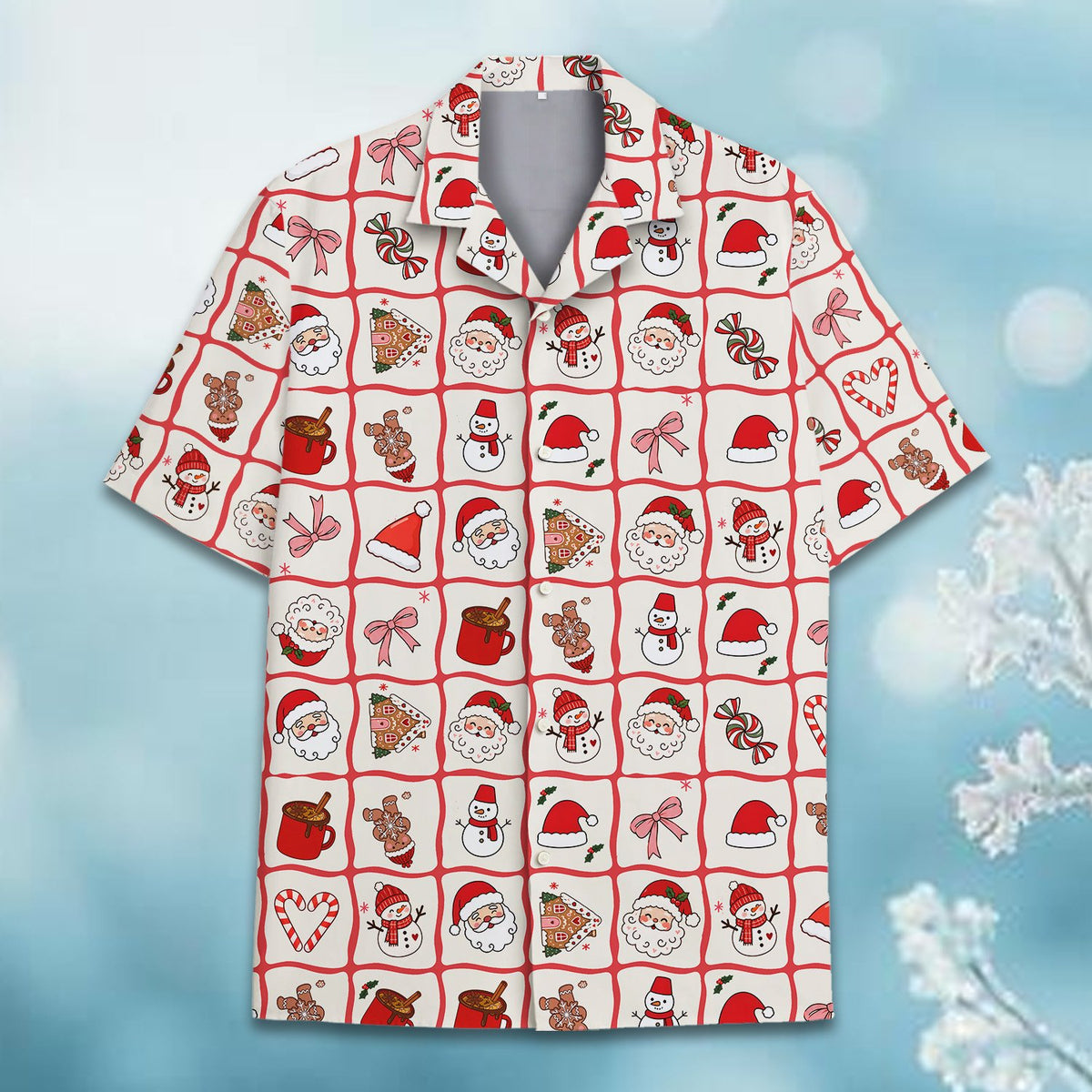 Detailed front view of the white button-down holiday doodle shirt