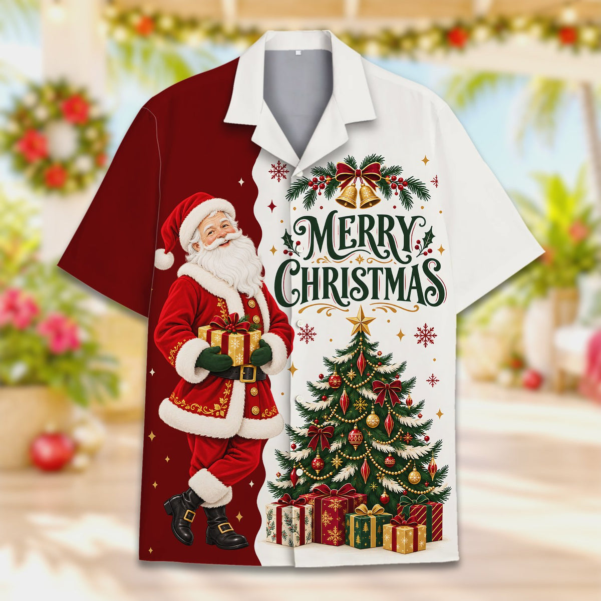 Close up front view of the white Christmas tree section on the holiday shirt