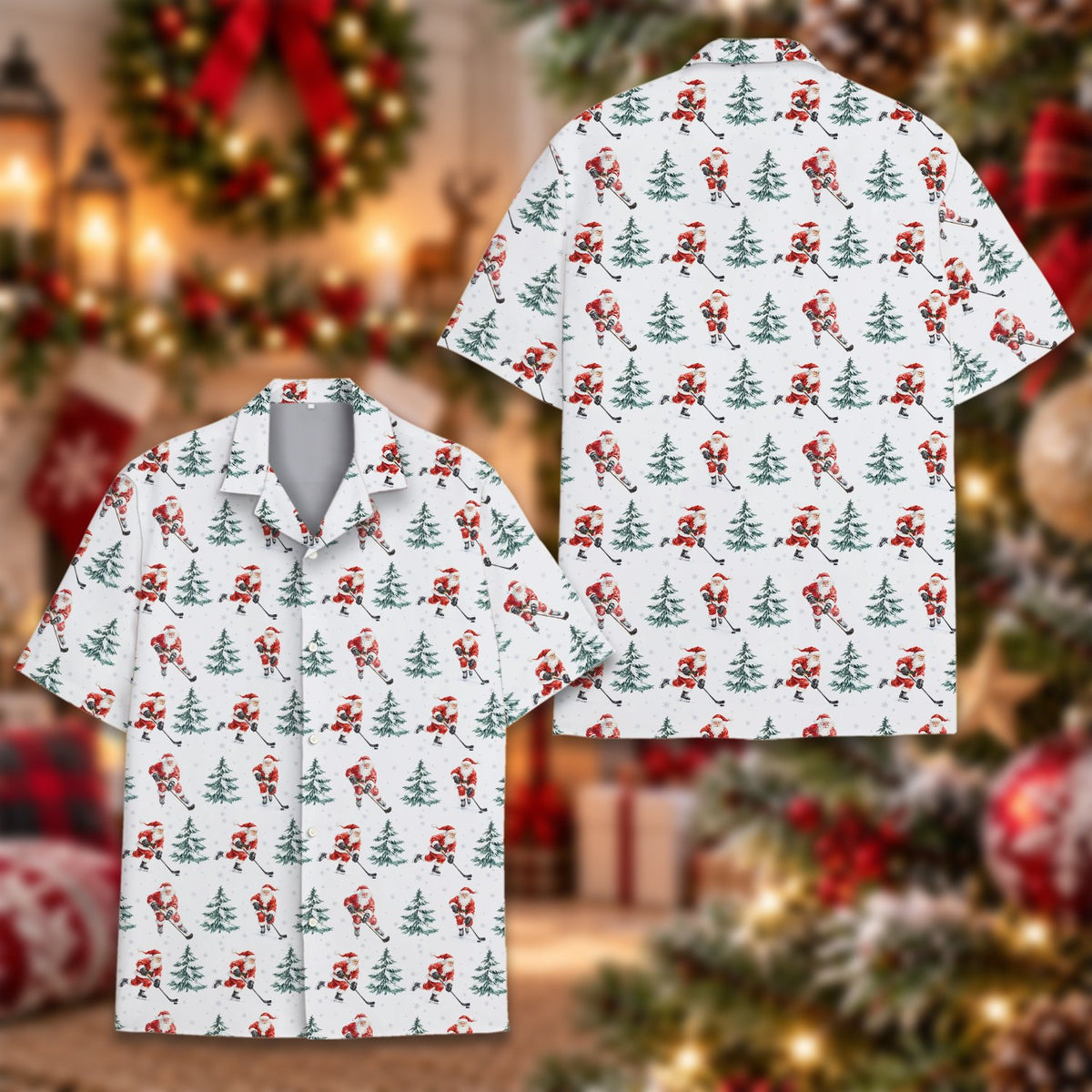 Detailed front view of the festive Santa hockey button-down shirt